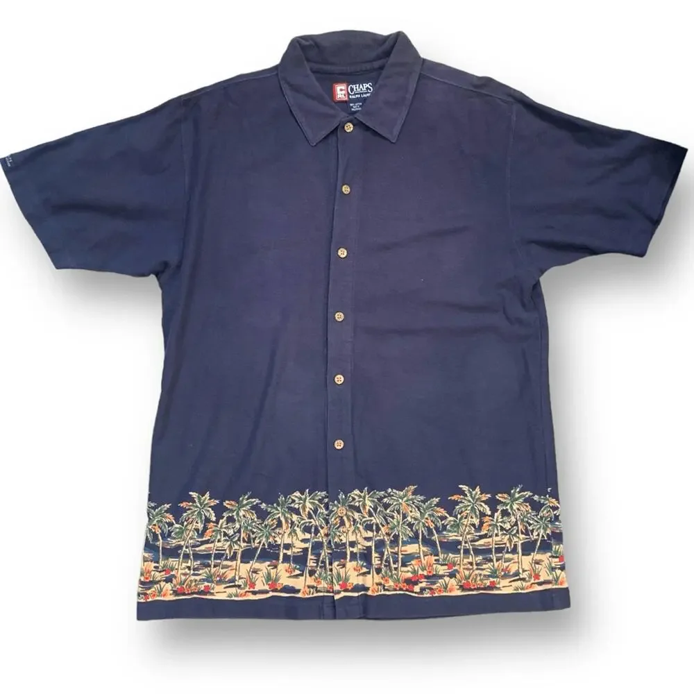 Vintage Chaps Shirt‎ Navy Blue Tropical Palm Floral  Short Sleeve Hawaiian Print